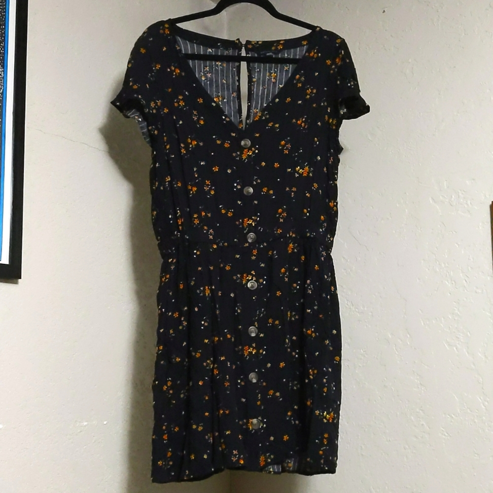 Black floral button down dress with pockets